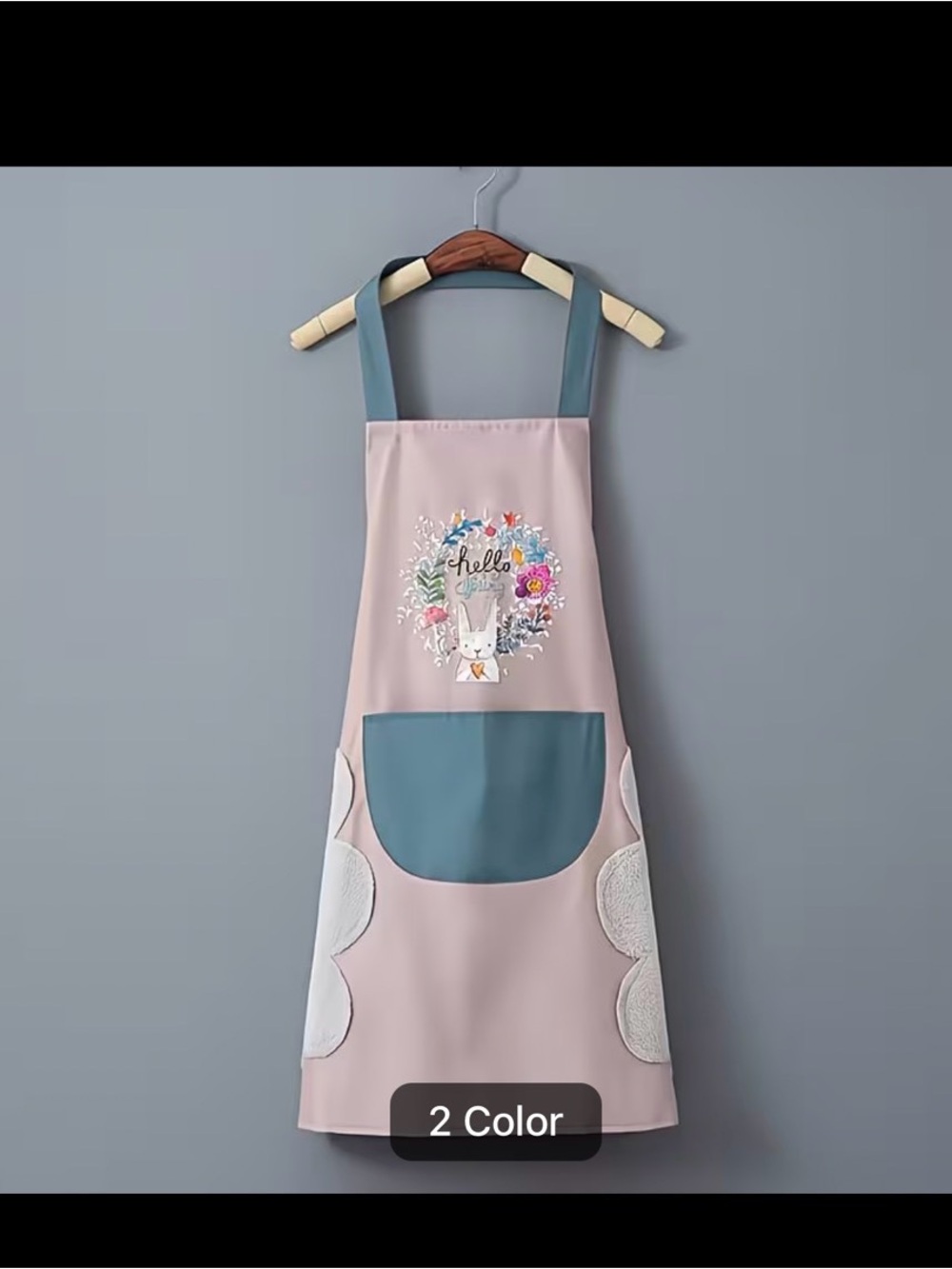 Pink Vinyl Durable Plastic Floral Bunny Apron with Teal Pocket